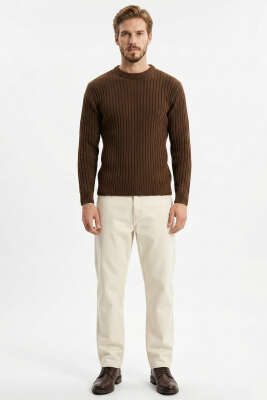 Dikey Çizgi Fitilli Erkek Triko Kazak Kahve - Yılın Fırsatı