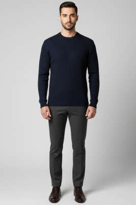 Dikey Çizgi Fitilli Erkek Triko Kazak Lacivert - Erkek Kazak