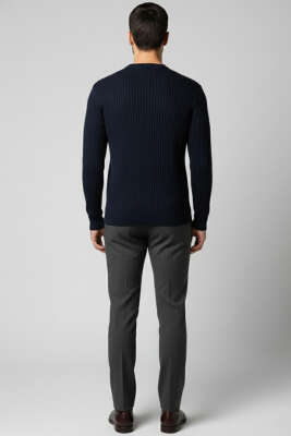 Dikey Çizgi Fitilli Erkek Triko Kazak Lacivert - Yeni Erkek Giyim