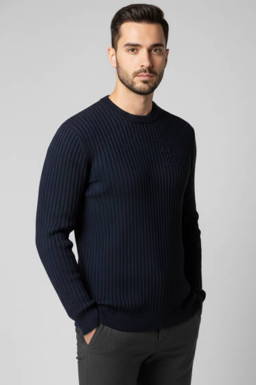 Dikey Çizgi Fitilli Erkek Triko Kazak Lacivert - Yeni Erkek Giyim