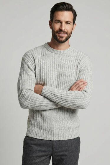 Dikey Çizgi Fitilli Erkek Triko Kazak Melanj Gri - Erkek Kazak