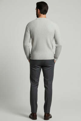 Dikey Çizgi Fitilli Erkek Triko Kazak Melanj Gri - Erkek Kazak