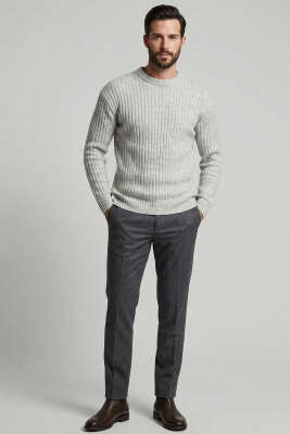 Dikey Çizgi Fitilli Erkek Triko Kazak Melanj Gri - Yeni Erkek Giyim