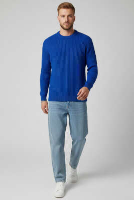 Dikey Çizgi Fitilli Erkek Triko Kazak Saks - Erkek Kazak