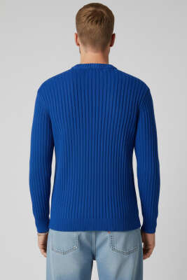 Dikey Çizgi Fitilli Erkek Triko Kazak Saks - Erkek Kazak