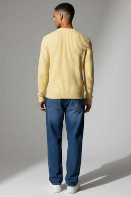 Dikey Çizgi Fitilli Erkek Triko Kazak Sarı - Erkek Kazak