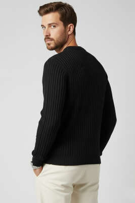 Dikey Çizgi Fitilli Erkek Triko Kazak Siyah - Yeni Erkek Giyim