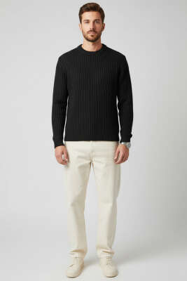 Dikey Çizgi Fitilli Erkek Triko Kazak Siyah - Yeni Erkek Giyim