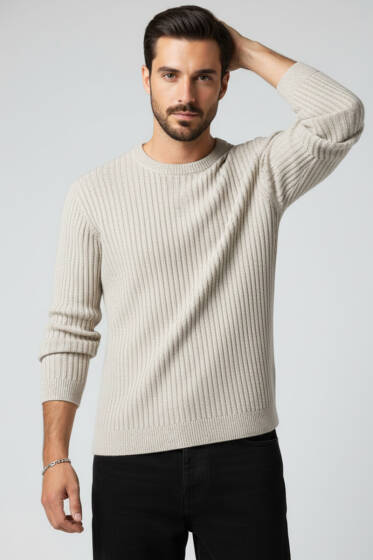 Dikey Çizgi Fitilli Erkek Triko Kazak Taş - Yeni Erkek Giyim