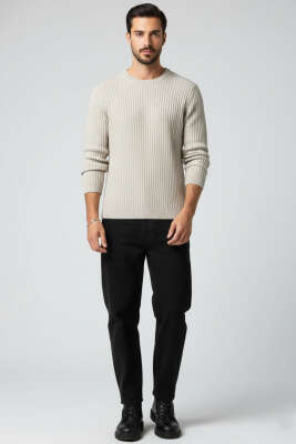 Dikey Çizgi Fitilli Erkek Triko Kazak Taş - Yeni Erkek Giyim