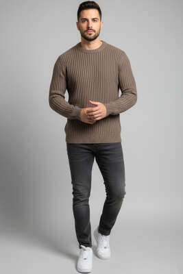 Dikey Çizgi Fitilli Erkek Triko Kazak Vizon - Yeni Erkek Giyim