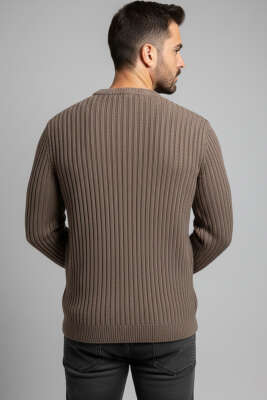 Dikey Çizgi Fitilli Erkek Triko Kazak Vizon - Yeni Erkek Giyim