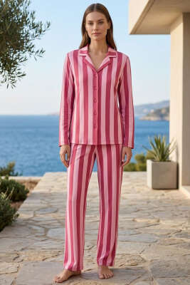 Dikey Çizgili Düğmeli Kadın Pijama Takımı Pembe - GLİSA