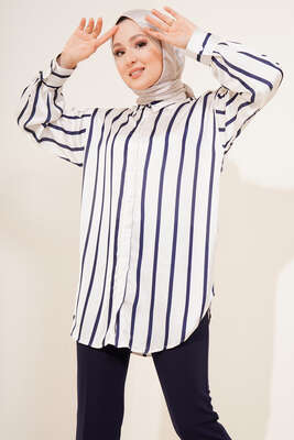 Dikey Çizgili Saten Gömlek Bej
