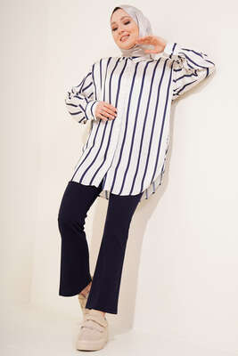 Dikey Çizgili Saten Gömlek Bej - Gömlek