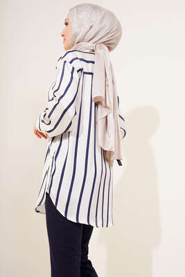 Dikey Çizgili Saten Gömlek Bej - Gömlek