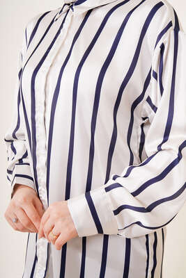 Dikey Çizgili Saten Gömlek Bej - Gömlek