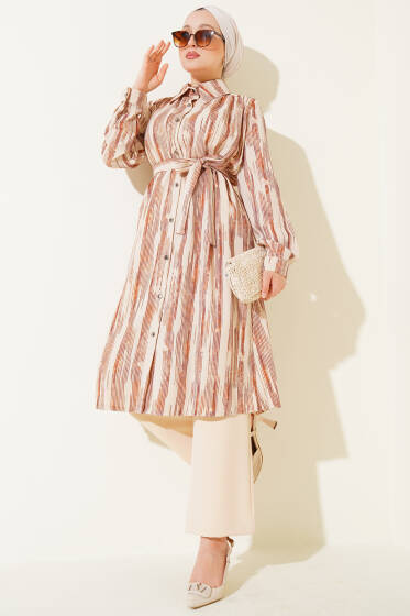 Dikey Çizgili Uzun Tunik İkili Takım Camel - İkili Takım