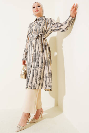 Dikey Çizgili Uzun Tunik İkili Takım Siyah - İkili Takım