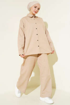 Dikey Mini Taşlı İkili Takım Bej - HATUN