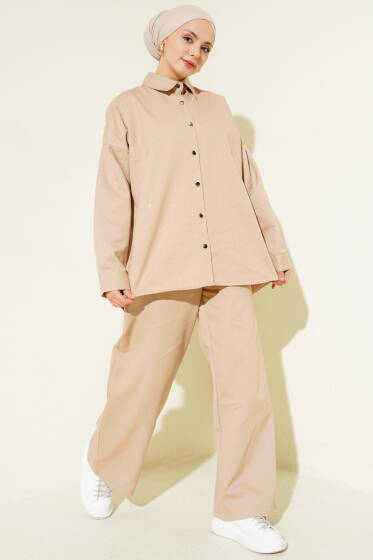 Dikey Mini Taşlı İkili Takım Bej - İkili Takım