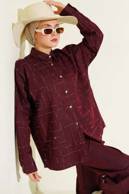 Dikey Mini Taşlı İkili Takım Bordo - HATUN