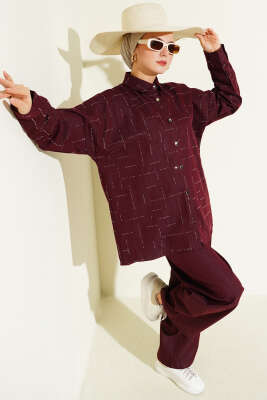 Dikey Mini Taşlı İkili Takım Bordo - İkili Takım