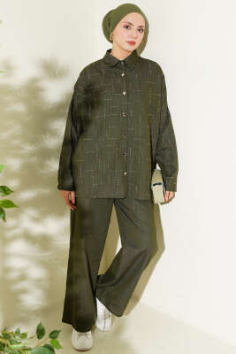 Dikey Mini Taşlı İkili Takım Haki - HATUN