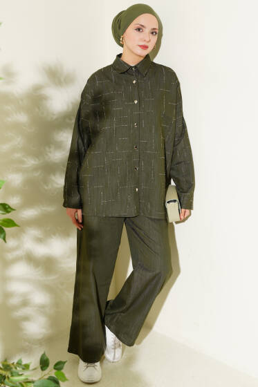 Dikey Mini Taşlı İkili Takım Haki - İkili Takım