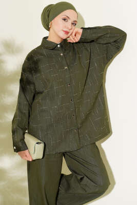 Dikey Mini Taşlı İkili Takım Haki - İkili Takım