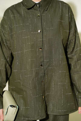 Dikey Mini Taşlı İkili Takım Haki - İkili Takım