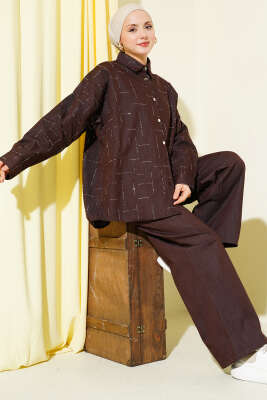 Dikey Mini Taşlı İkili Takım Kahve - HATUN