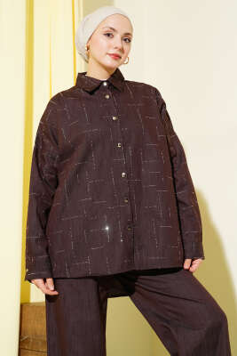 Dikey Mini Taşlı İkili Takım Kahve - İkili Takım