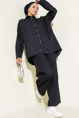 Dikey Mini Taşlı İkili Takım Lacivert - HATUN