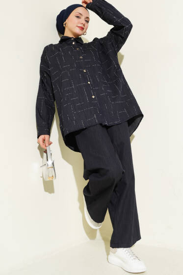 Dikey Mini Taşlı İkili Takım Lacivert - İkili Takım