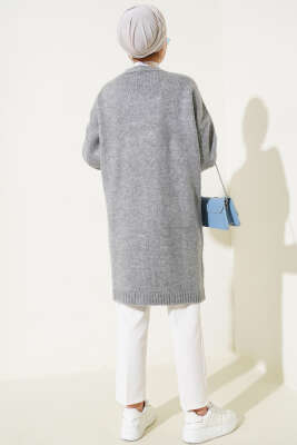 Dikiş Detay Düğmeli Uzun Triko Hırka Gri - Triko Hırka