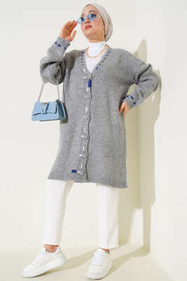 Dikiş Detay Düğmeli Uzun Triko Hırka Gri - Triko Hırka