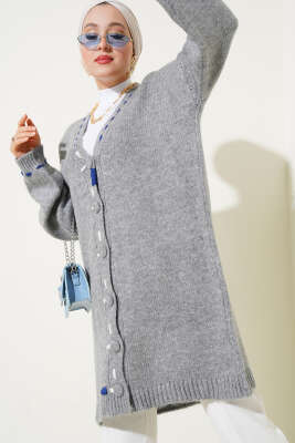 Dikiş Detay Düğmeli Uzun Triko Hırka Gri 