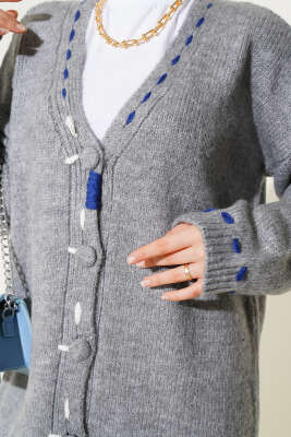 Dikiş Detay Düğmeli Uzun Triko Hırka Gri - Triko Hırka