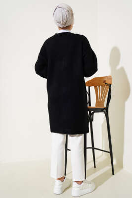 Dikiş Detay Düğmeli Uzun Triko Hırka Siyah - Triko Hırka