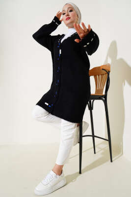 Dikiş Detay Düğmeli Uzun Triko Hırka Siyah - Triko Hırka