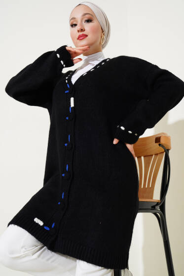 Dikiş Detay Düğmeli Uzun Triko Hırka Siyah - Triko Hırka