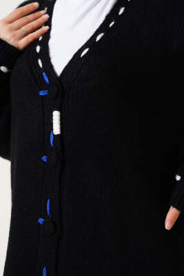 Dikiş Detay Düğmeli Uzun Triko Hırka Siyah - Triko Hırka