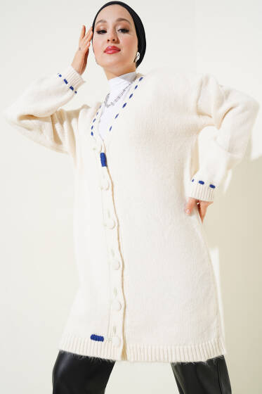 Dikiş Detay Düğmeli Uzun Triko Hırka Vanilya - Hırka