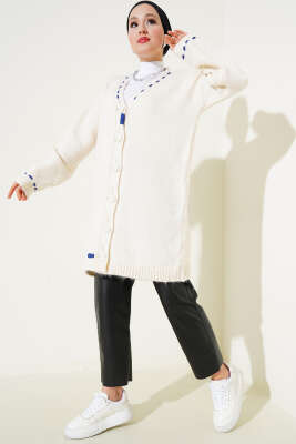 Dikiş Detay Düğmeli Uzun Triko Hırka Vanilya - Triko Hırka