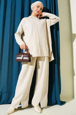 Dikiş Detaylı Basic Triko İkili Takım Bej - RAFİMİX