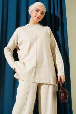 Dikiş Detaylı Basic Triko İkili Takım Bej - İkili Takım