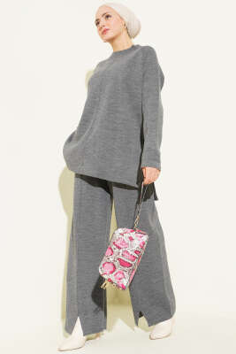 Dikiş Detaylı Basic Triko İkili Takım Füme - RAFİMİX