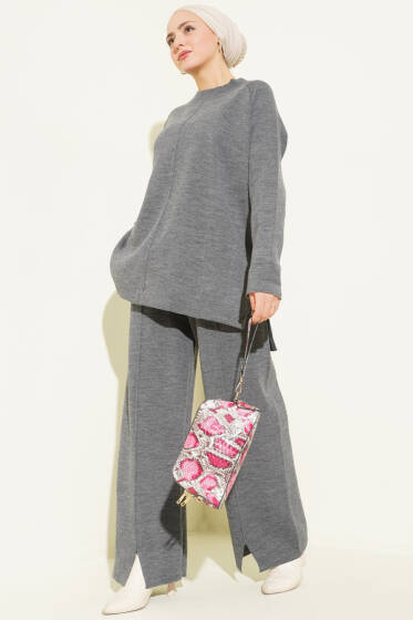 Dikiş Detaylı Basic Triko İkili Takım Füme - İkili Takım