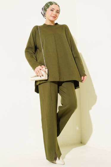 Dikiş Detaylı Basic Triko İkili Takım Haki - İkili Takım